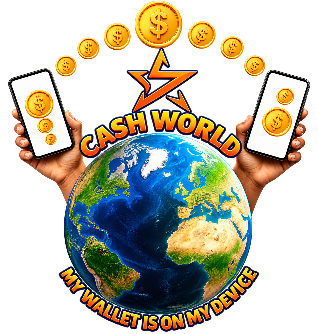 Logo Cash World con globo terráqueo y teléfonos